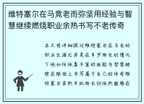 维特塞尔在马竞老而弥坚用经验与智慧继续燃烧职业余热书写不老传奇 维特塞尔在马竞老而弥坚用经验与智慧继续燃烧职业余热书写不老传奇